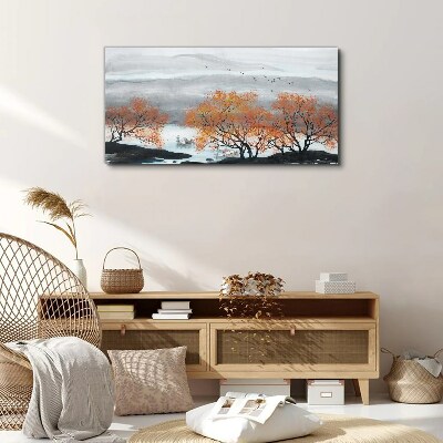 Autumn fog over the lake Canvas wall art