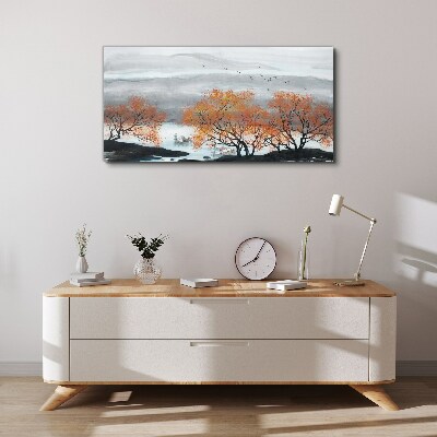 Autumn fog over the lake Canvas wall art