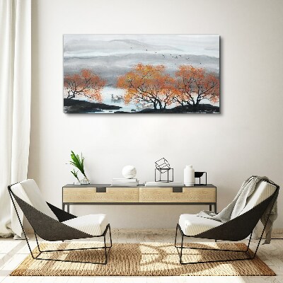 Autumn fog over the lake Canvas wall art