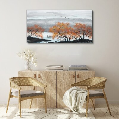 Autumn fog over the lake Canvas wall art
