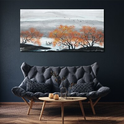 Autumn fog over the lake Canvas wall art