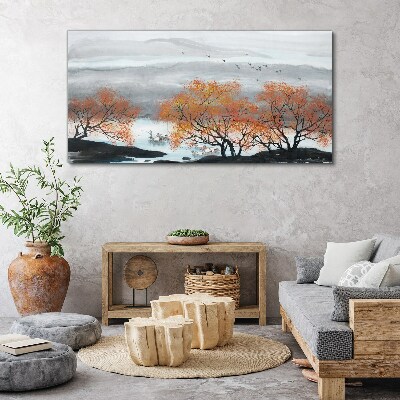 Autumn fog over the lake Canvas wall art