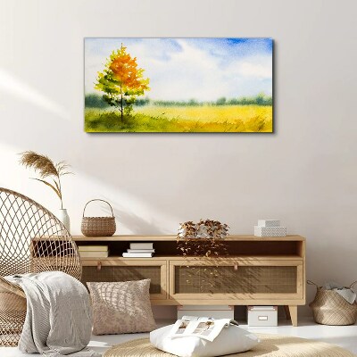 Golden autumn against the backdrop of a meadow Print on canvas