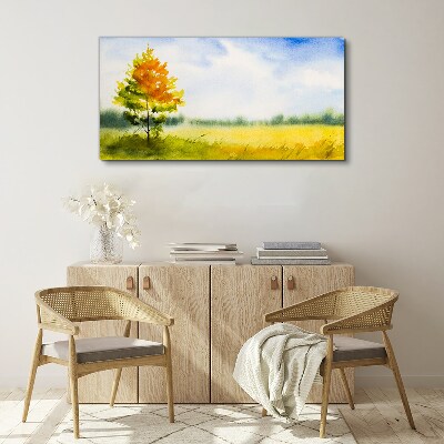 Golden autumn against the backdrop of a meadow Print on canvas