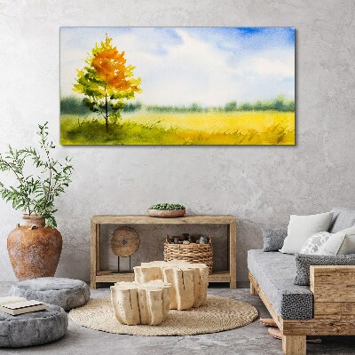 Golden autumn against the backdrop of a meadow Print on canvas