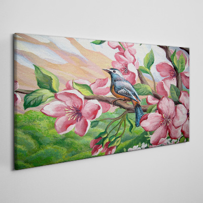 A bird against a background of spring flowers Canvas wall art
