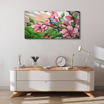 A bird against a background of spring flowers Canvas wall art
