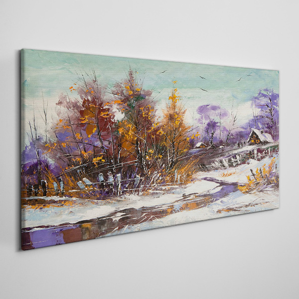 Winter landscape with a house in the forest Print on canvas