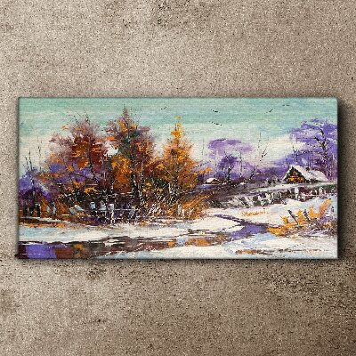 Winter landscape with a house in the forest Print on canvas
