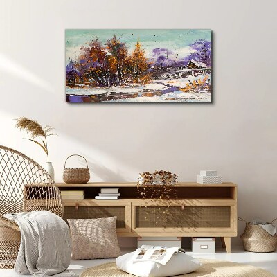 Winter landscape with a house in the forest Print on canvas