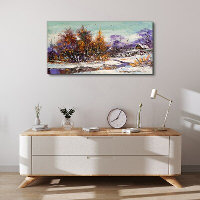 Winter landscape with a house in the forest Print on canvas