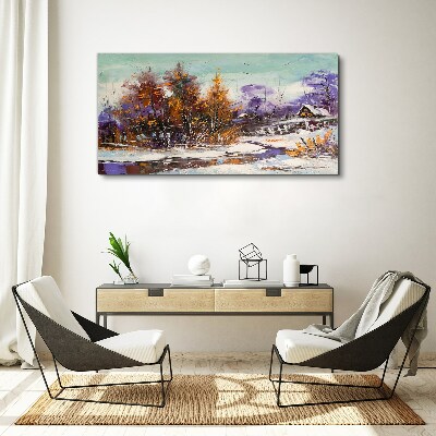 Winter landscape with a house in the forest Print on canvas