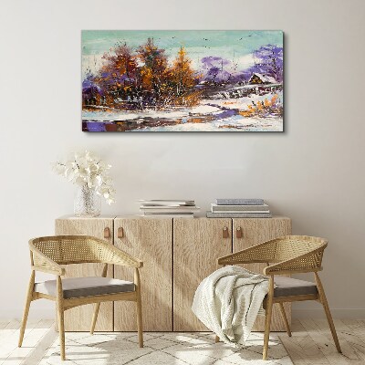 Winter landscape with a house in the forest Print on canvas