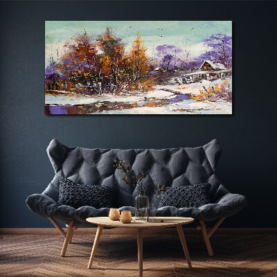 Winter landscape with a house in the forest Print on canvas