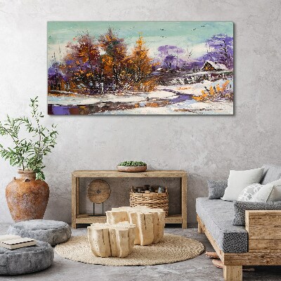 Winter landscape with a house in the forest Print on canvas