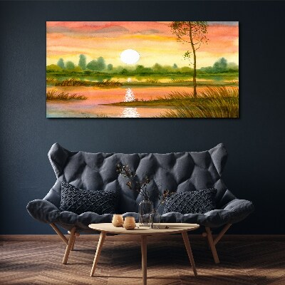 Sunset over a quiet river Print on canvas