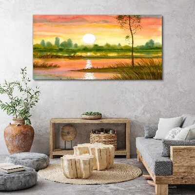 Sunset over a quiet river Print on canvas