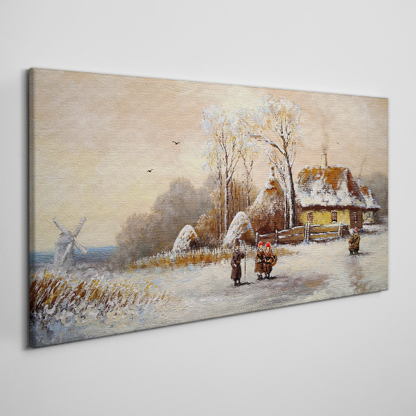 Winter landscape with a cottage and the wind Canvas wall art