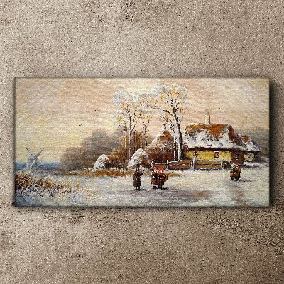 Winter landscape with a cottage and the wind Canvas wall art