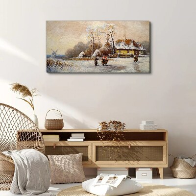 Winter landscape with a cottage and the wind Canvas wall art