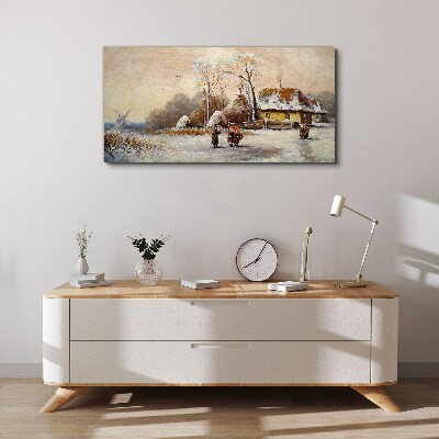 Winter landscape with a cottage and the wind Canvas wall art