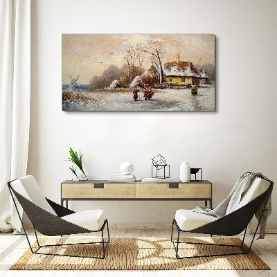 Winter landscape with a cottage and the wind Canvas wall art