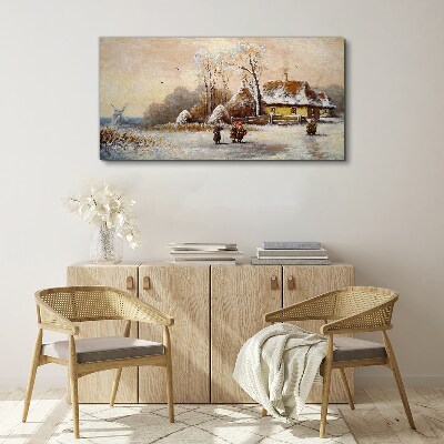 Winter landscape with a cottage and the wind Canvas wall art