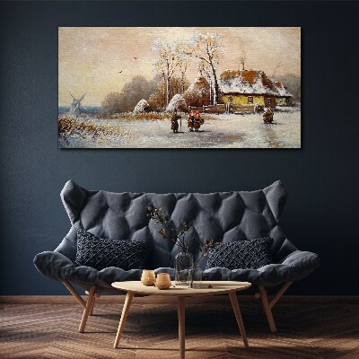 Winter landscape with a cottage and the wind Canvas wall art
