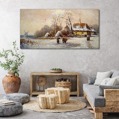 Winter landscape with a cottage and the wind Canvas wall art