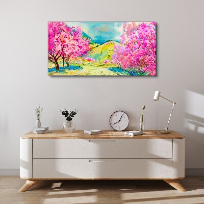 Spring landscape in pink shades Canvas wall art
