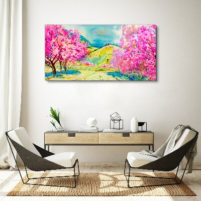 Spring landscape in pink shades Canvas wall art