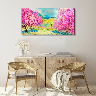 Spring landscape in pink shades Canvas wall art