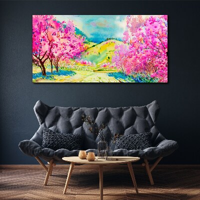 Spring landscape in pink shades Canvas wall art