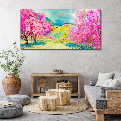 Spring landscape in pink shades Canvas wall art