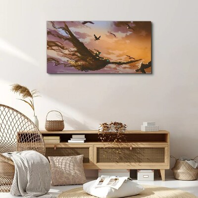Flight of birds in the setting sun Print on canvas