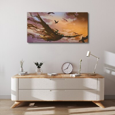 Flight of birds in the setting sun Print on canvas