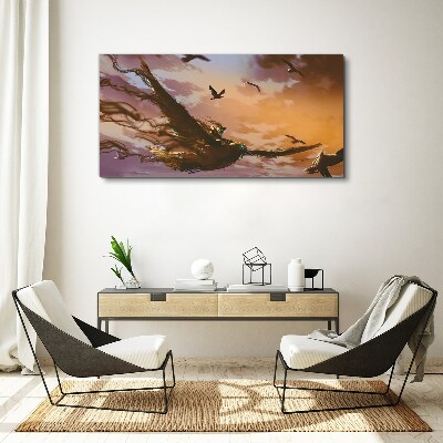 Flight of birds in the setting sun Print on canvas