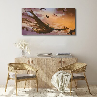 Flight of birds in the setting sun Print on canvas