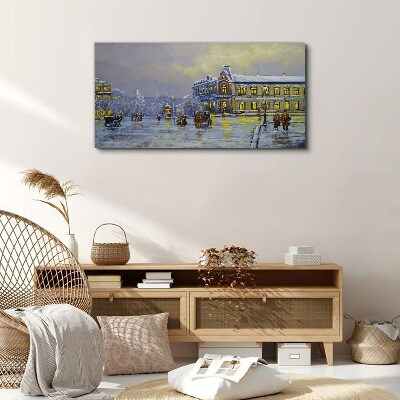 Light snow village winter Canvas Wall art