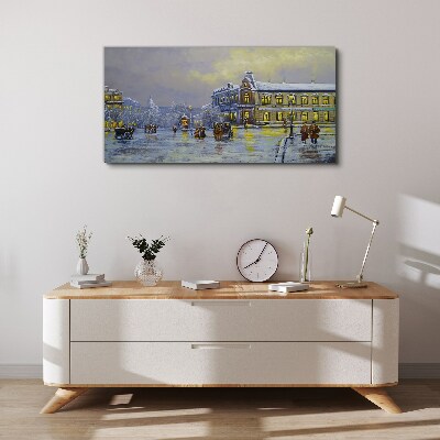 Light snow village winter Canvas Wall art