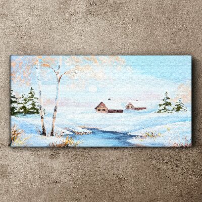 Winter snow tree cottage Canvas print