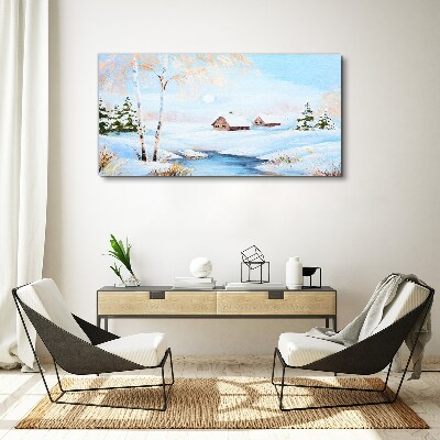 Winter snow tree cottage Canvas print