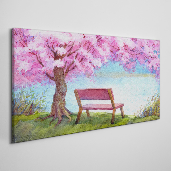 Bench tree flowers water Canvas print