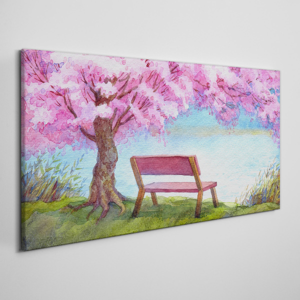 Spring peace under the blossoming cherry tree Canvas wall art