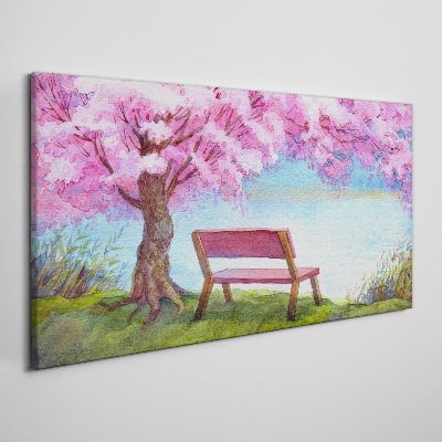Spring peace under the blossoming cherry tree Canvas wall art