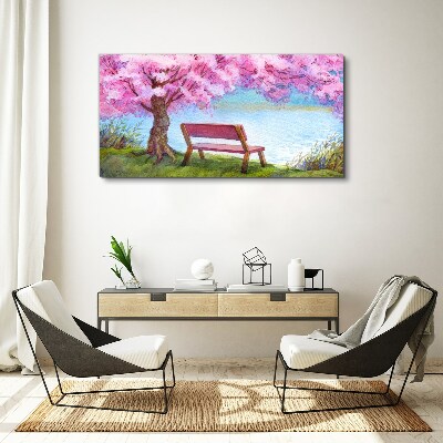 Bench tree flowers water Canvas print