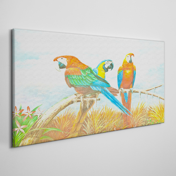 Tropical parrots on a branch Canvas wall art