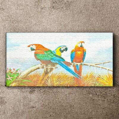 Tropical parrots on a branch Canvas wall art