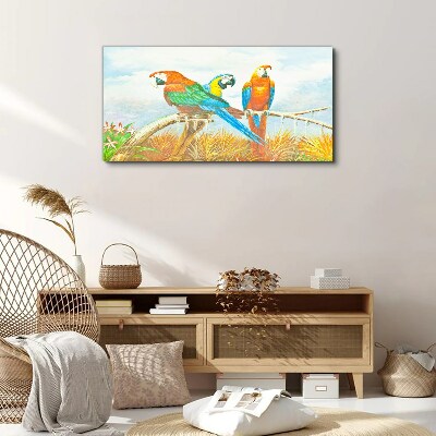 Tropical parrots on a branch Canvas wall art