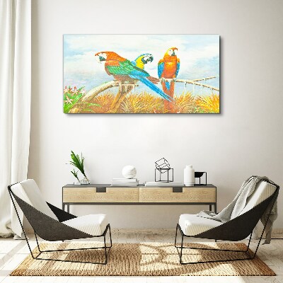 Tropical parrots on a branch Canvas wall art